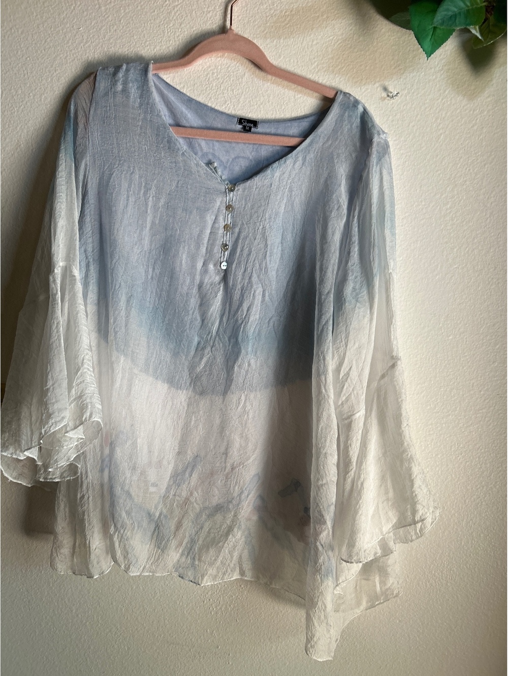 Shana Women's Sheer Ombre Blue and White Bell Sleeve Blouse Size M